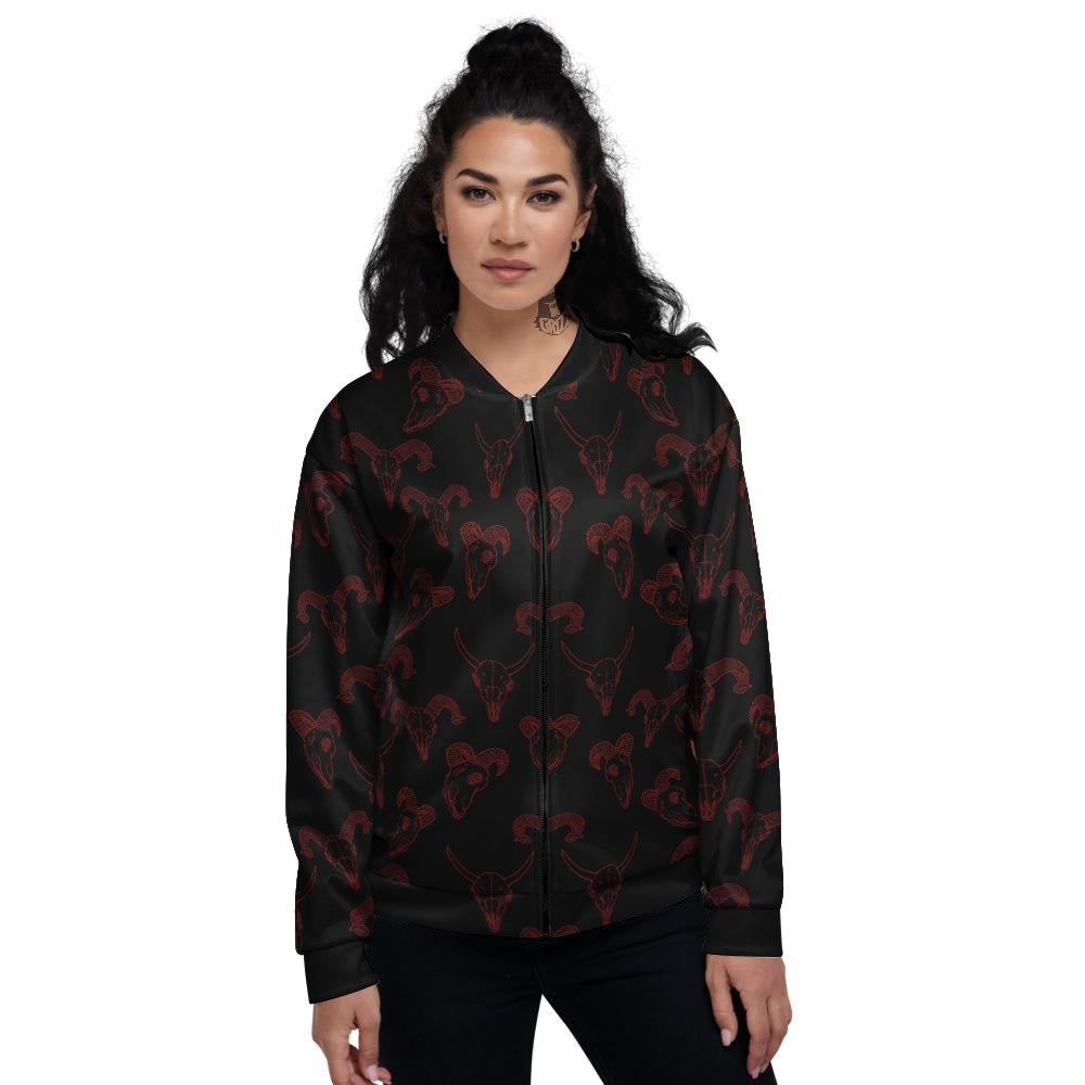 Bull Skull Black And Red Print Pattern Women's Bomber Jacket-grizzshop