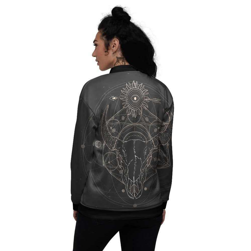 Bull Skull Geometric Print Women's Bomber Jacket-grizzshop