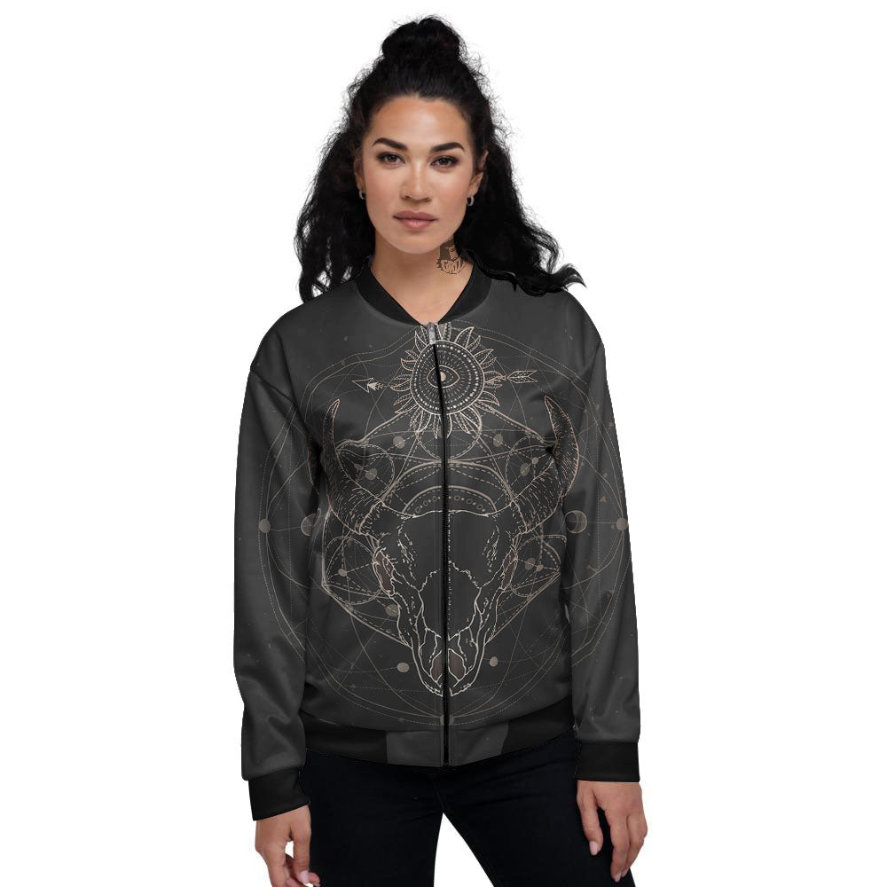 Bull Skull Geometric Print Women's Bomber Jacket-grizzshop