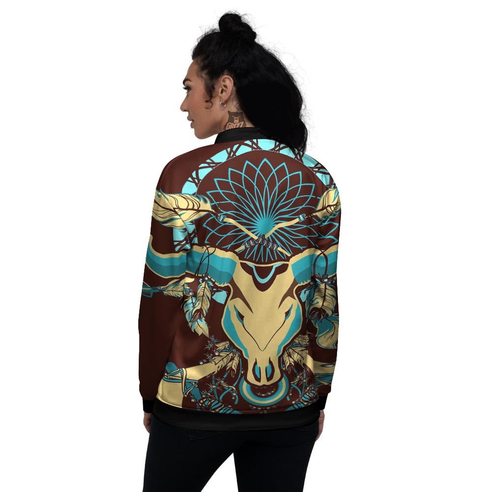 Bull Skull Indian Tribal Print Women's Bomber Jacket-grizzshop