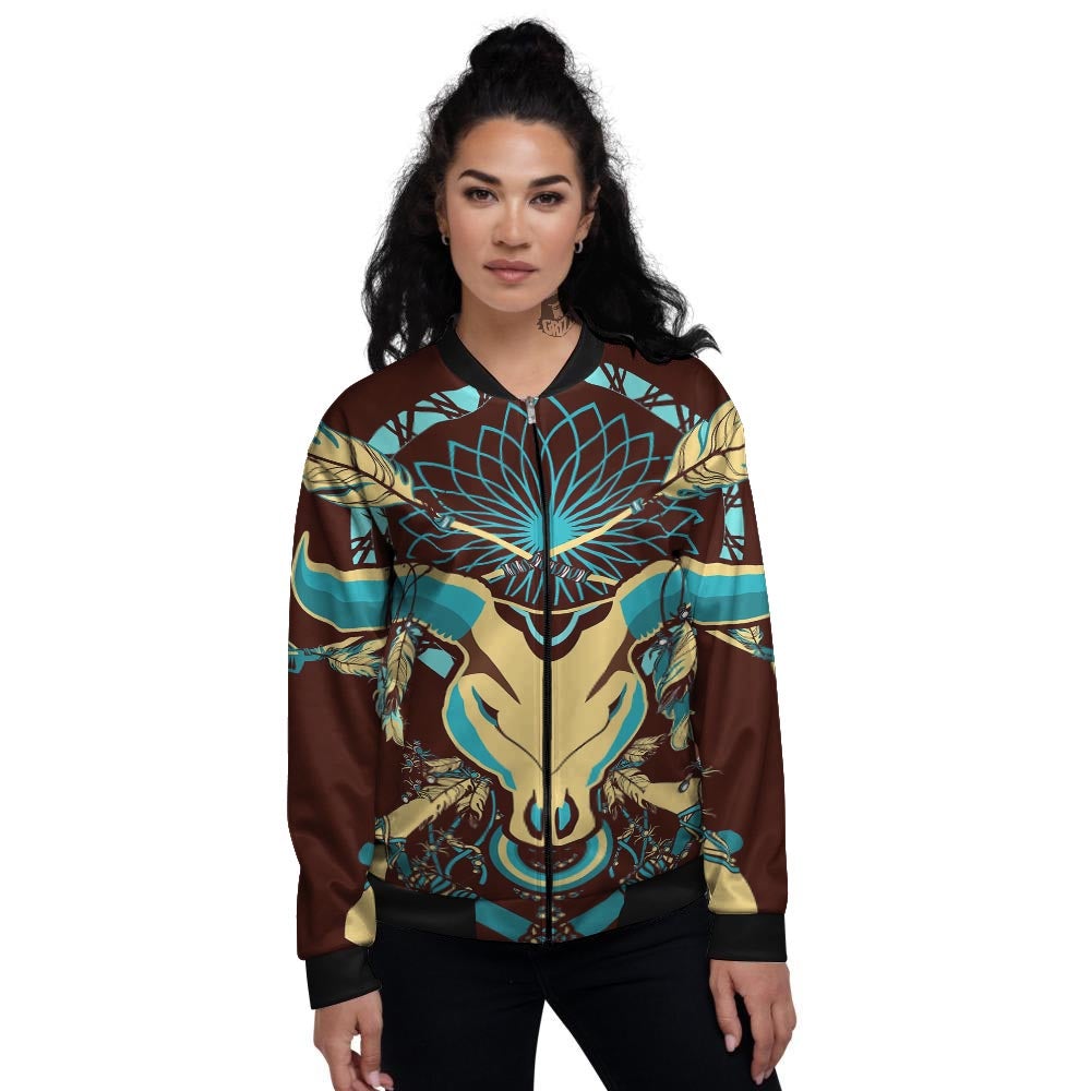 Bull Skull Indian Tribal Print Women's Bomber Jacket-grizzshop