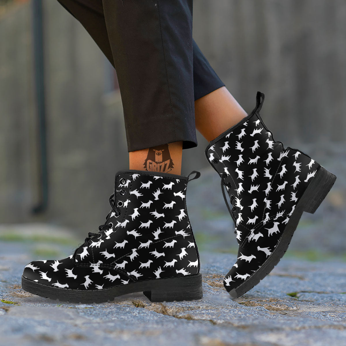 Bull Terrier Black Print Pattern Leather Boots-grizzshop