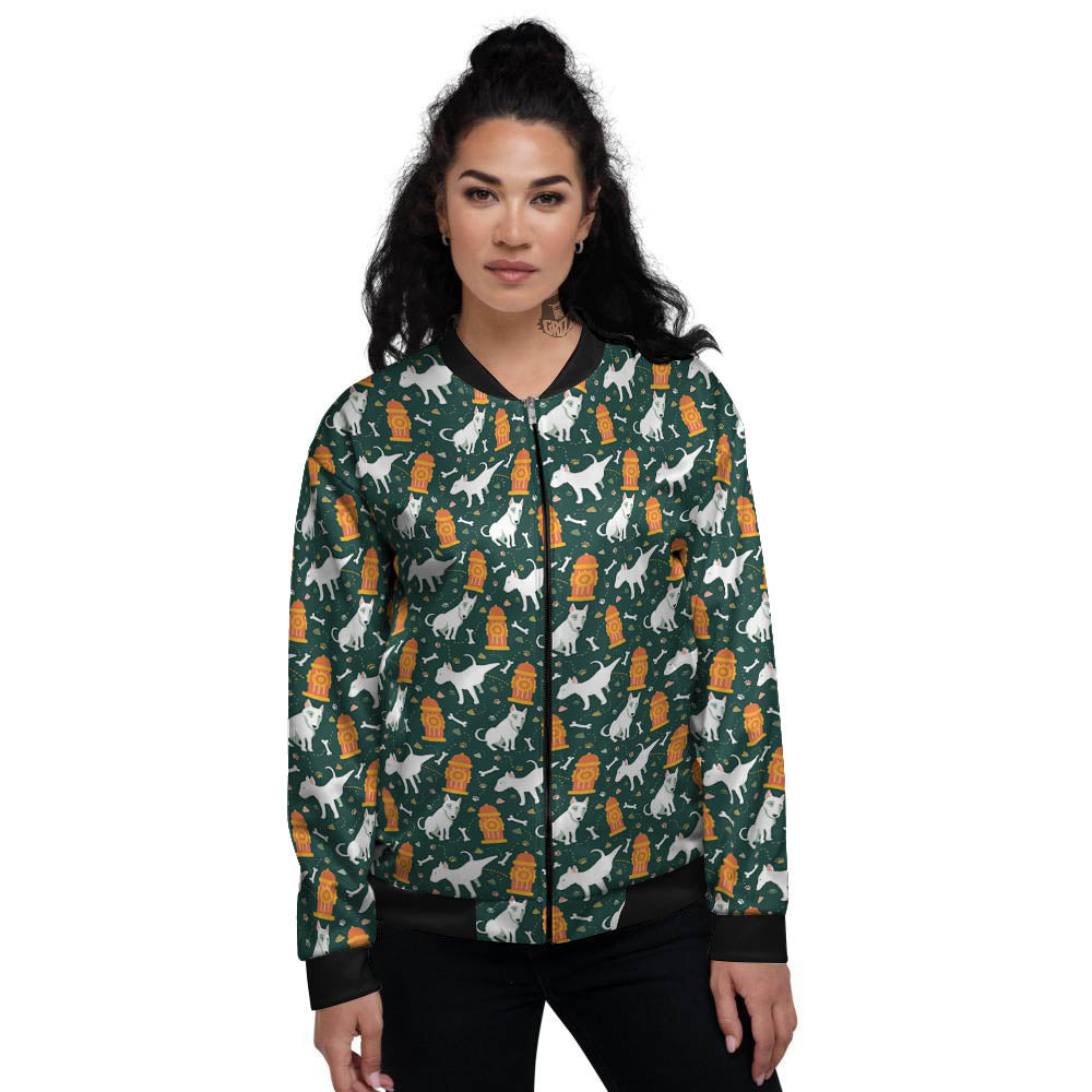 Bull Terrier Cartoon Print Pattern Women's Bomber Jacket-grizzshop