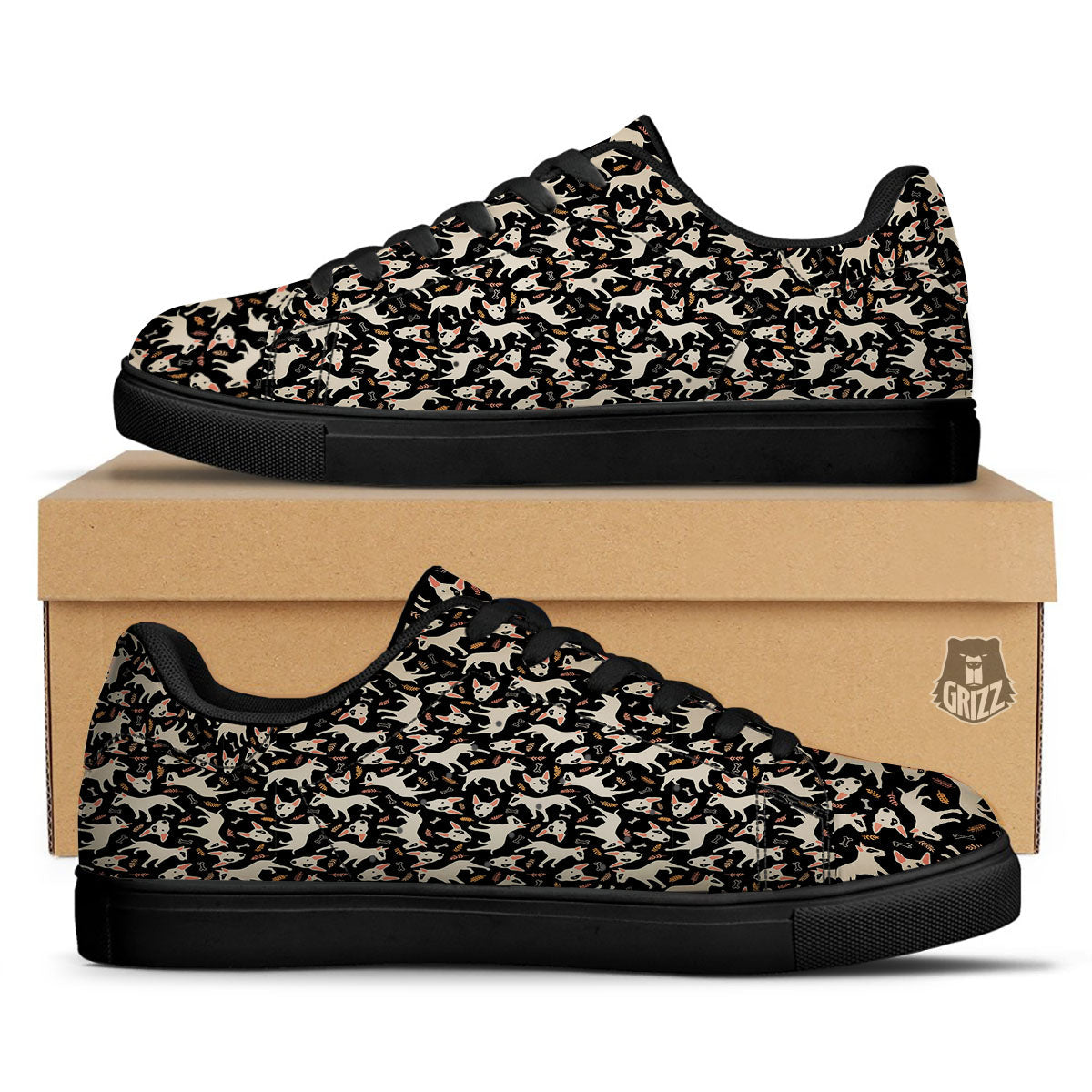 Bull Terrier Doodle Print Pattern Black Low Top Sneakers-grizzshop