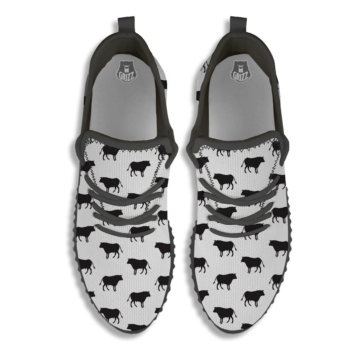 Bull White And Black Print Pattern Black Walking Shoes-grizzshop