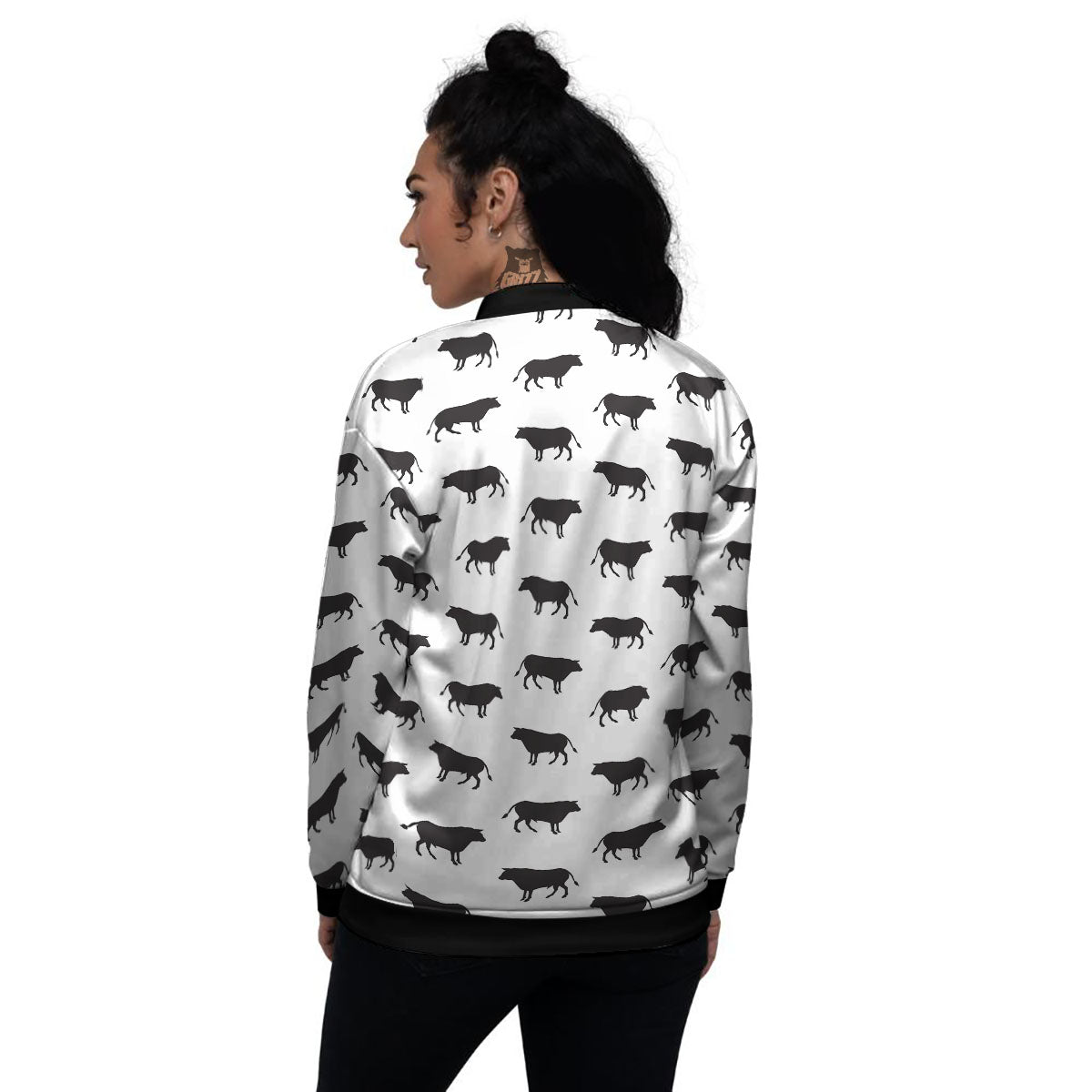 Bull White And Black Print Pattern Women's Bomber Jacket-grizzshop