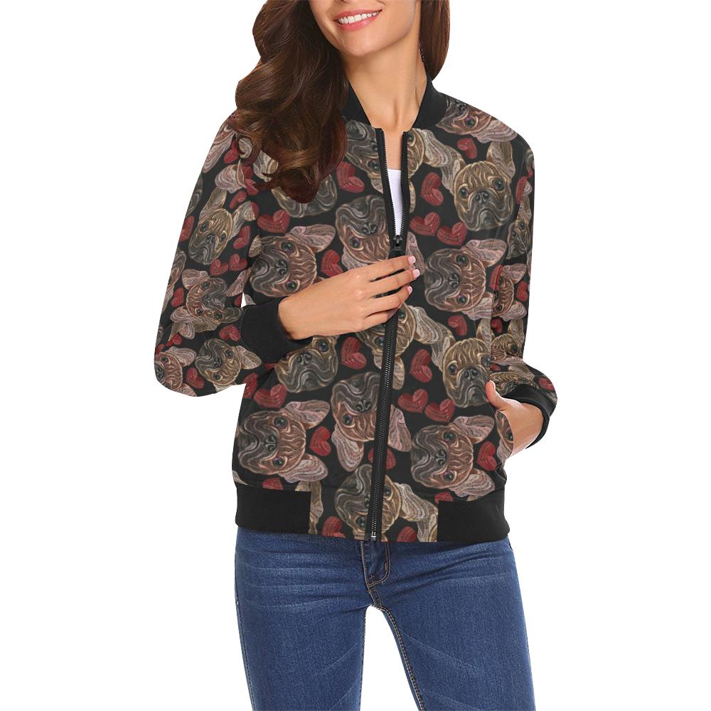 Bulldog Crochet Pattern Print Women Casual Bomber Jacket-grizzshop