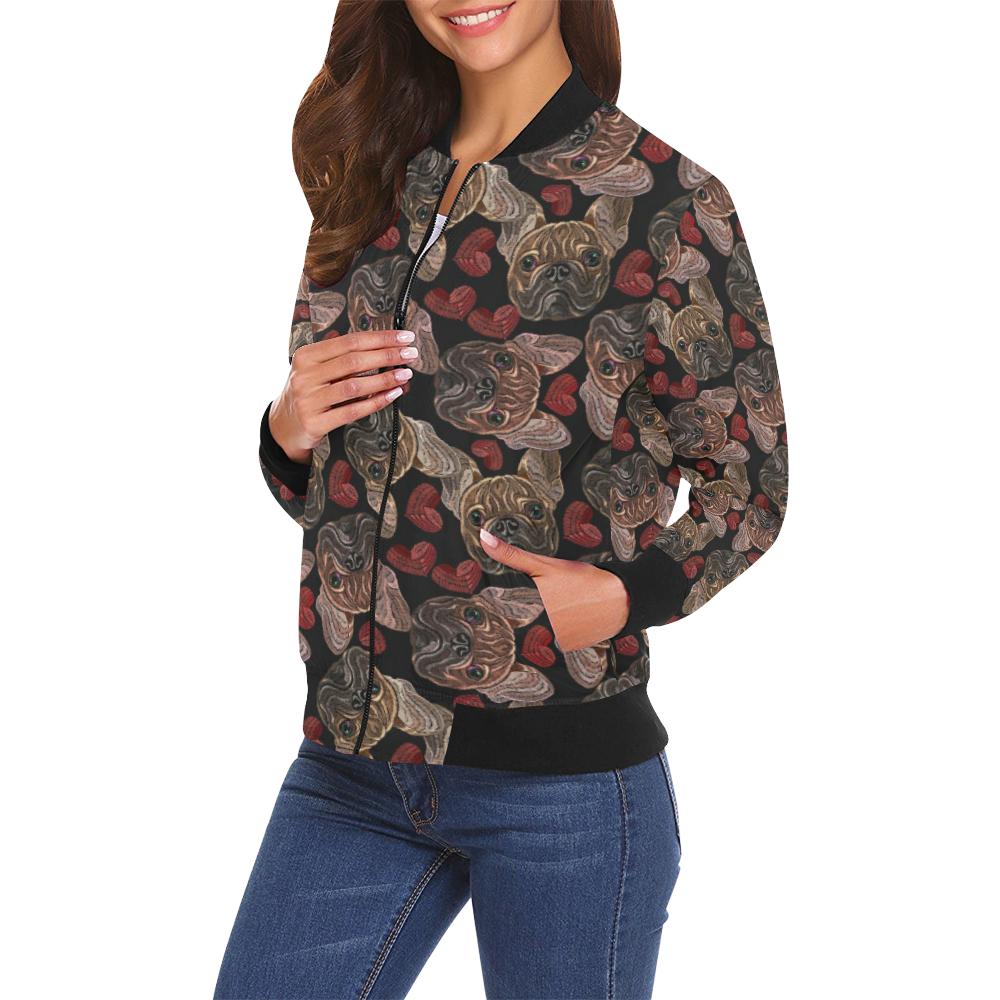 Bulldog Crochet Pattern Print Women Casual Bomber Jacket-grizzshop