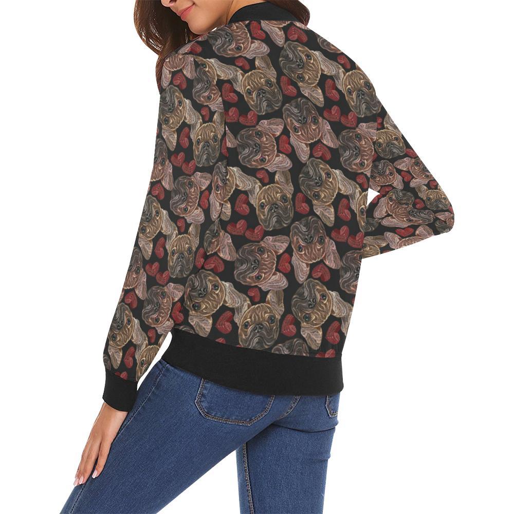 Bulldog Crochet Pattern Print Women Casual Bomber Jacket-grizzshop