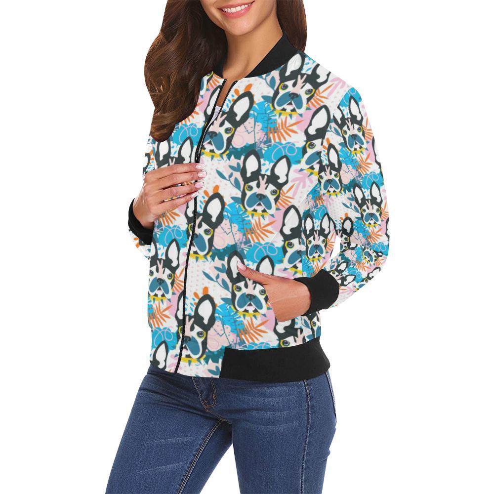 Bulldog Paint Pattern Print Women Casual Bomber Jacket-grizzshop
