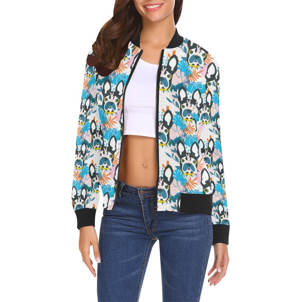Bulldog Paint Pattern Print Women Casual Bomber Jacket-grizzshop