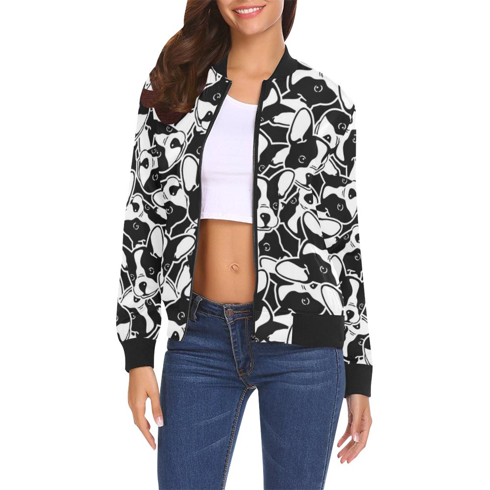 Bulldog Pattern Print Women Casual Bomber Jacket-grizzshop