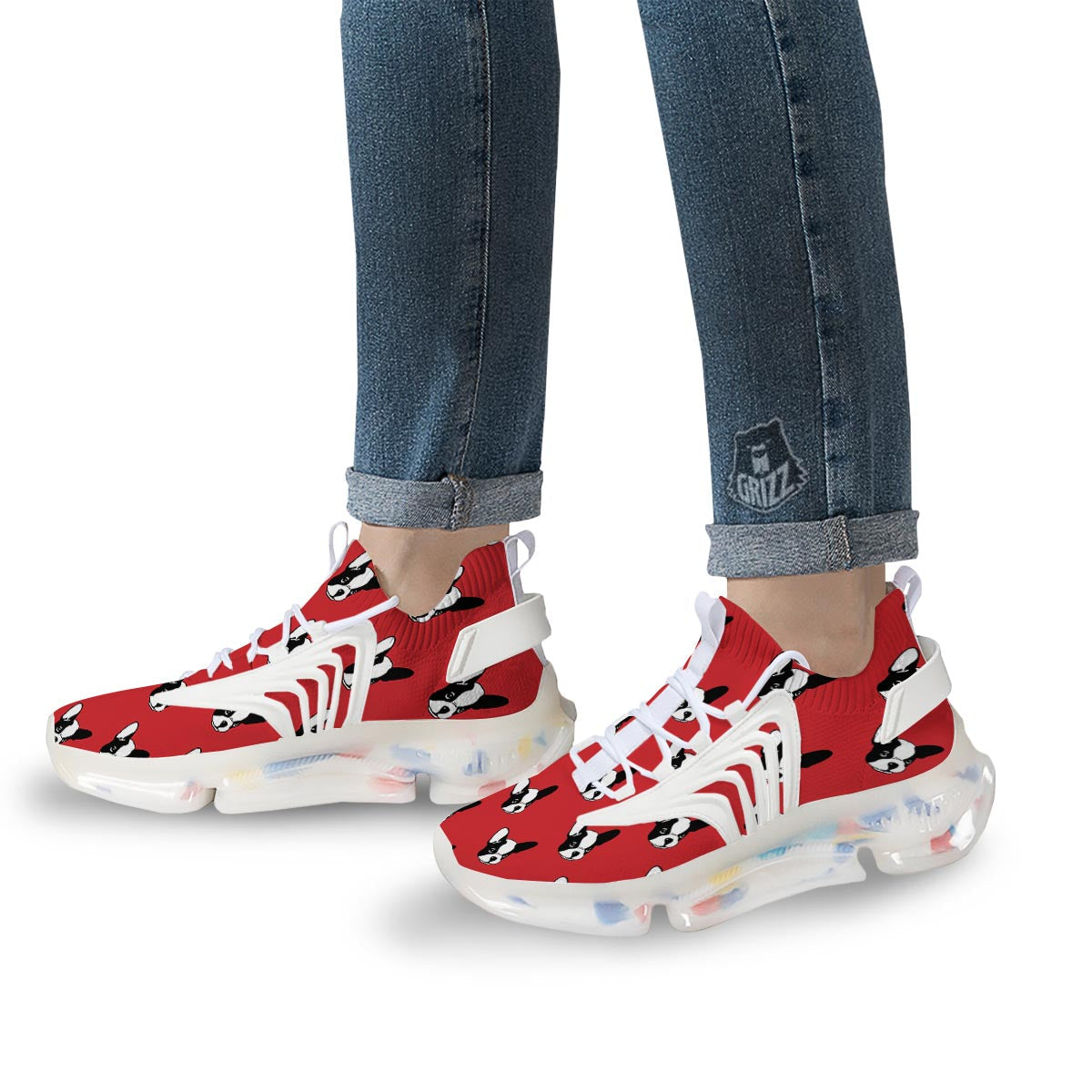 Bulldog Red French Print Pattern White Gym Shoes-grizzshop
