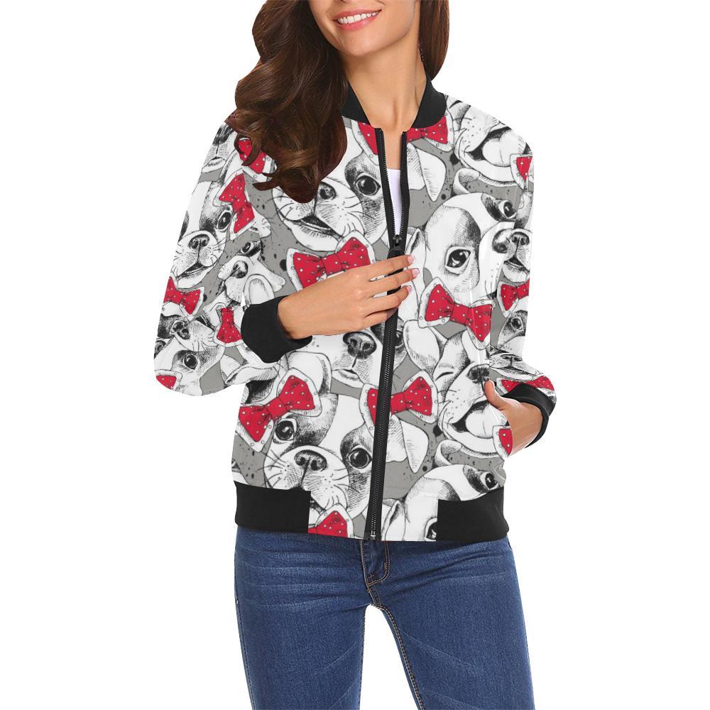 Bulldog Tuxedo Pattern Print Women Casual Bomber Jacket-grizzshop