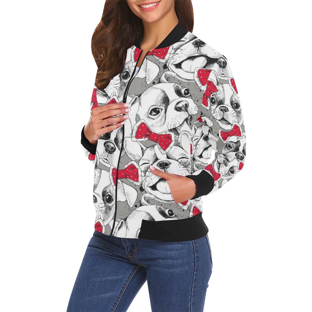 Bulldog Tuxedo Pattern Print Women Casual Bomber Jacket-grizzshop