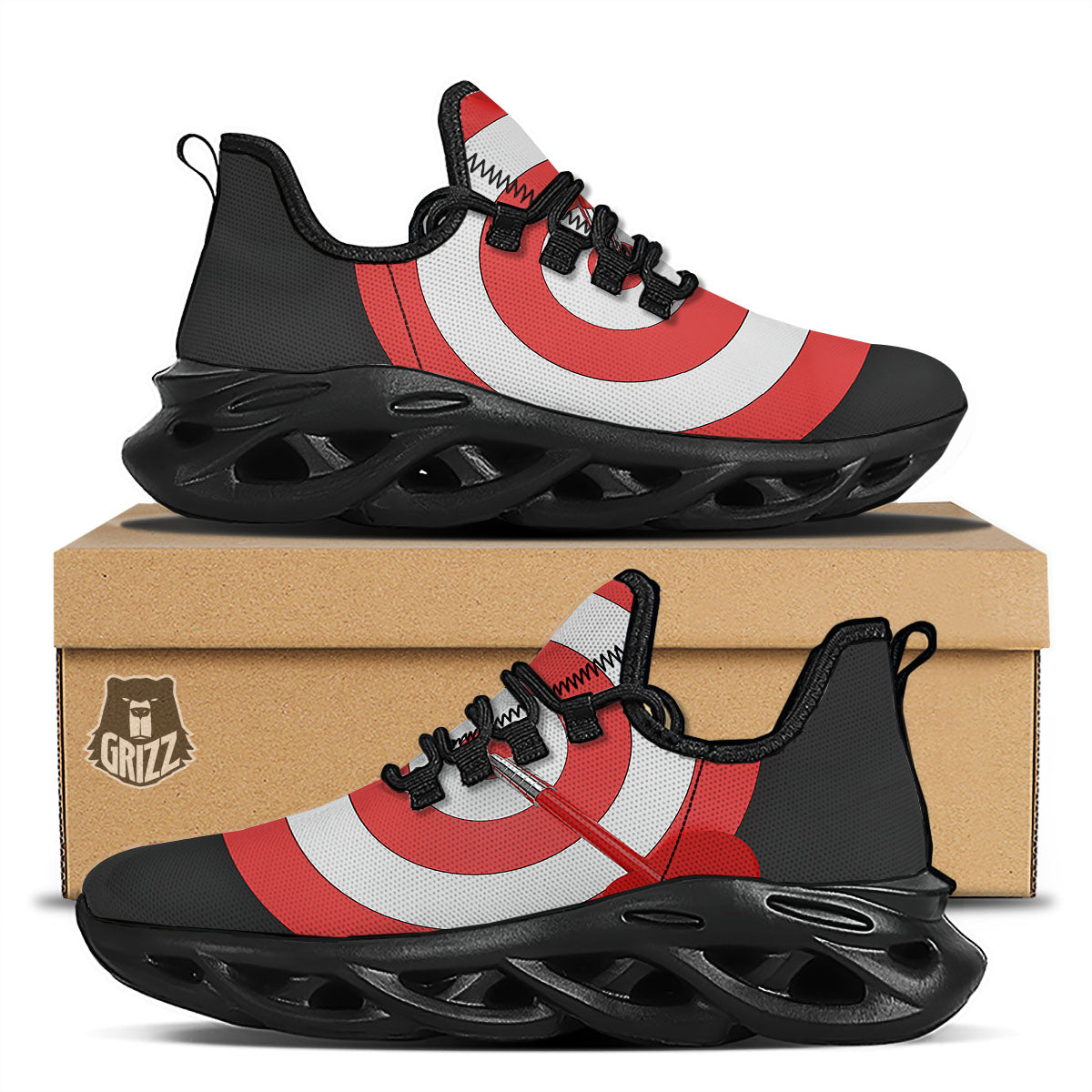 Bullseye Target White And Red Print Black Running Shoes-grizzshop
