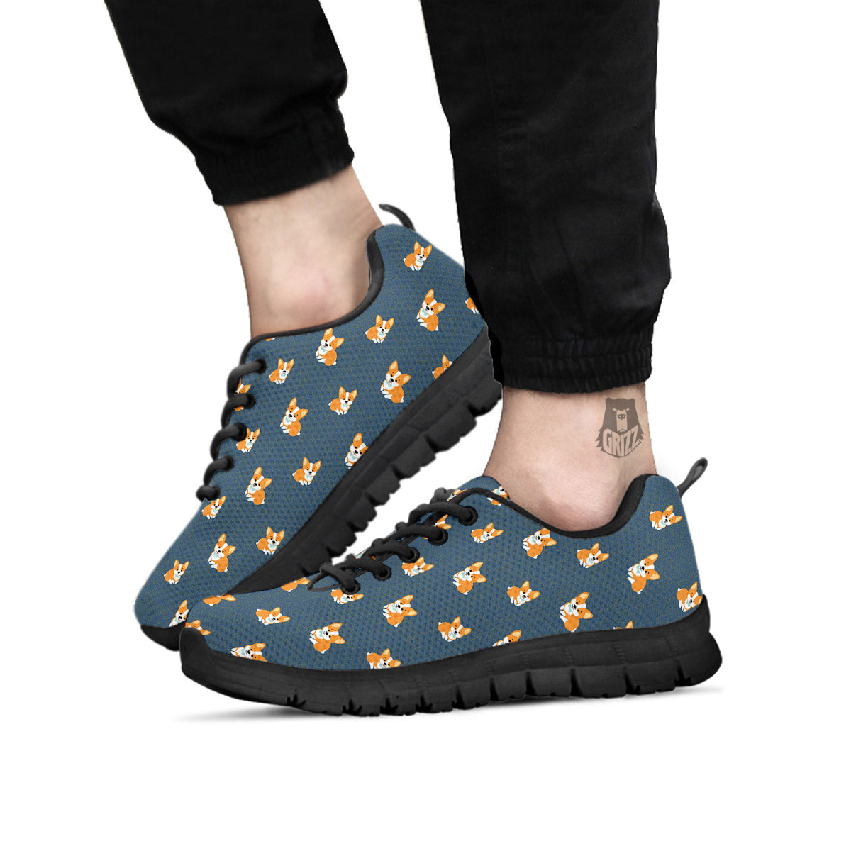 Bunny Corgi Print Pattern Black Sneaker-grizzshop