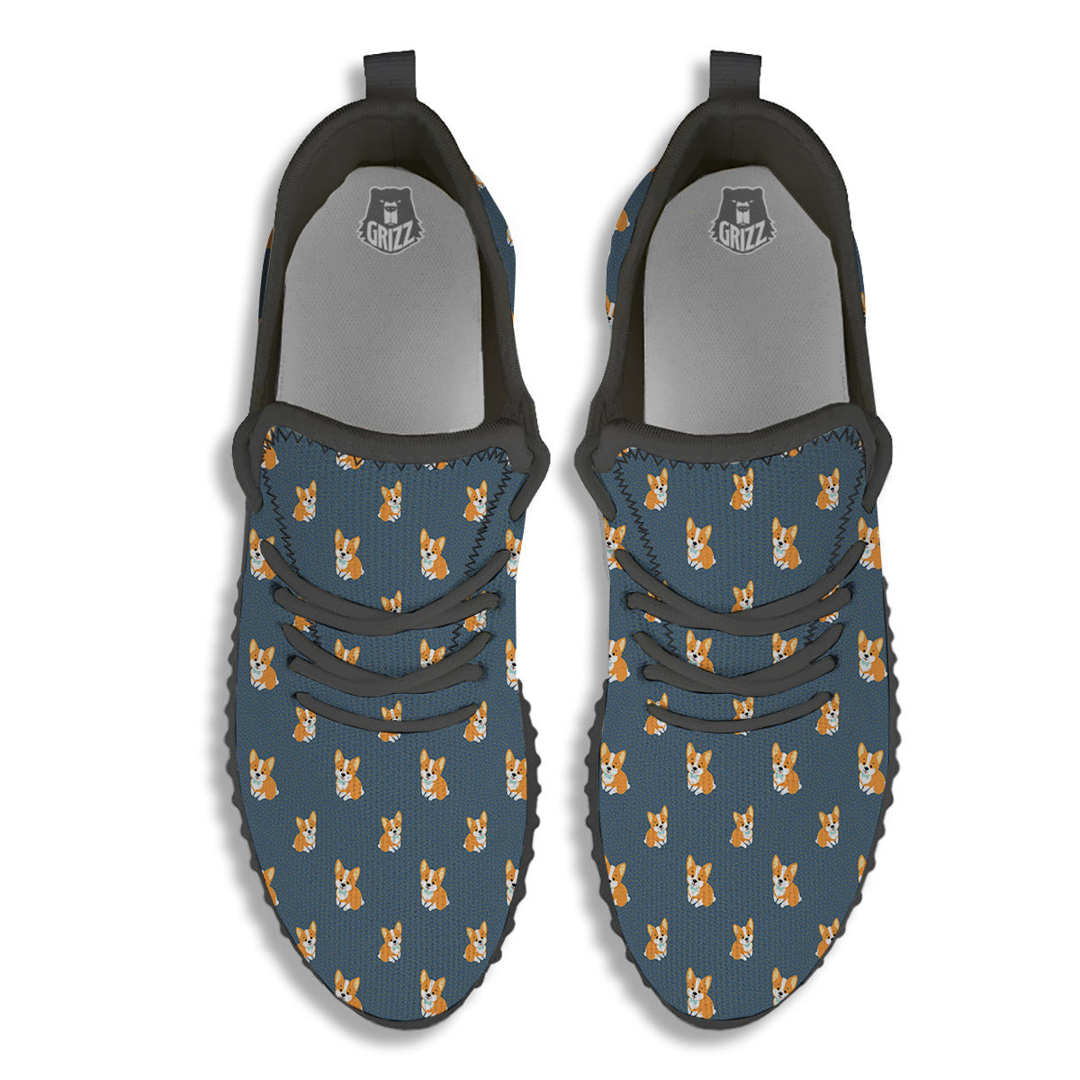 Bunny Corgi Print Pattern Black Walking Shoes-grizzshop