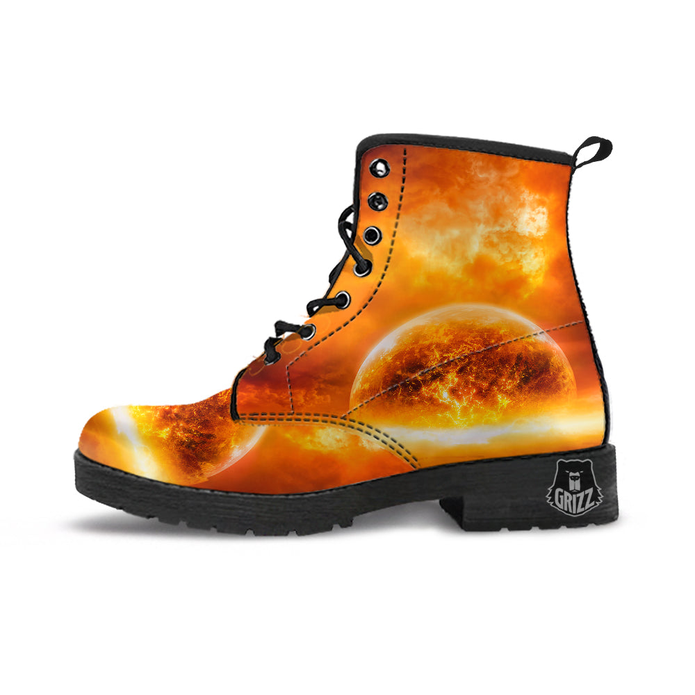Burning Apocalyptic Planet Earth Print Leather Boots-grizzshop