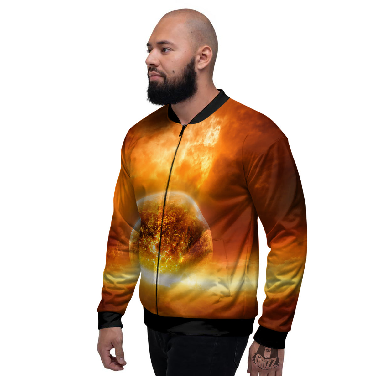 Burning Apocalyptic Planet Earth Print Men's Bomber Jacket-grizzshop