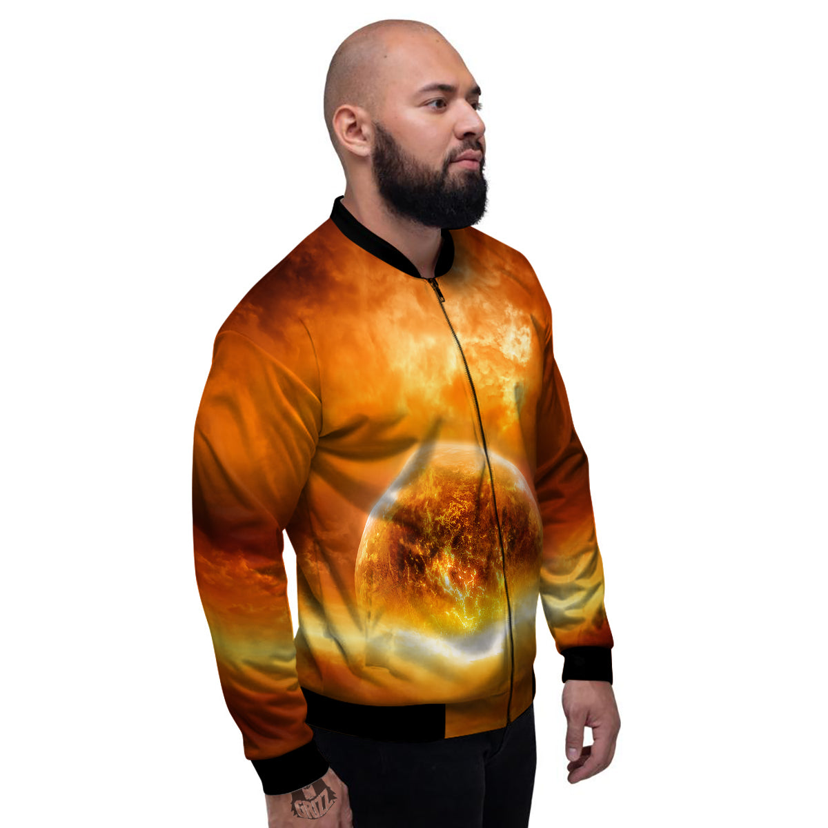 Burning Apocalyptic Planet Earth Print Men's Bomber Jacket-grizzshop