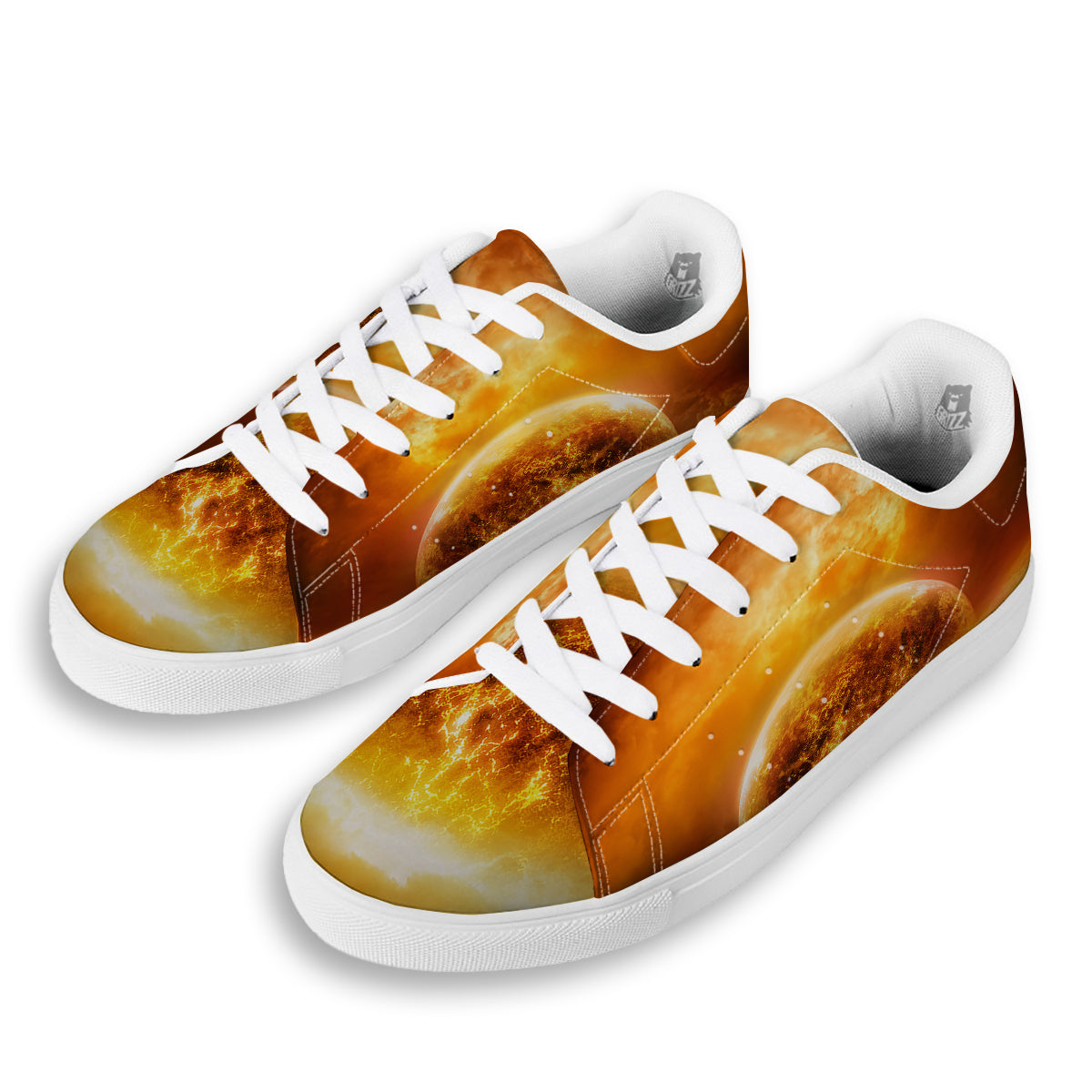 Burning Apocalyptic Planet Earth Print White Low Top Sneakers-grizzshop