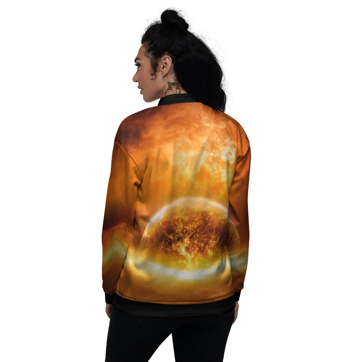 Burning Apocalyptic Planet Earth Print Women's Bomber Jacket-grizzshop