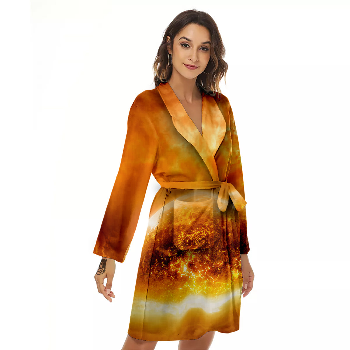 Burning Apocalyptic Planet Earth Print Women's Robe-grizzshop