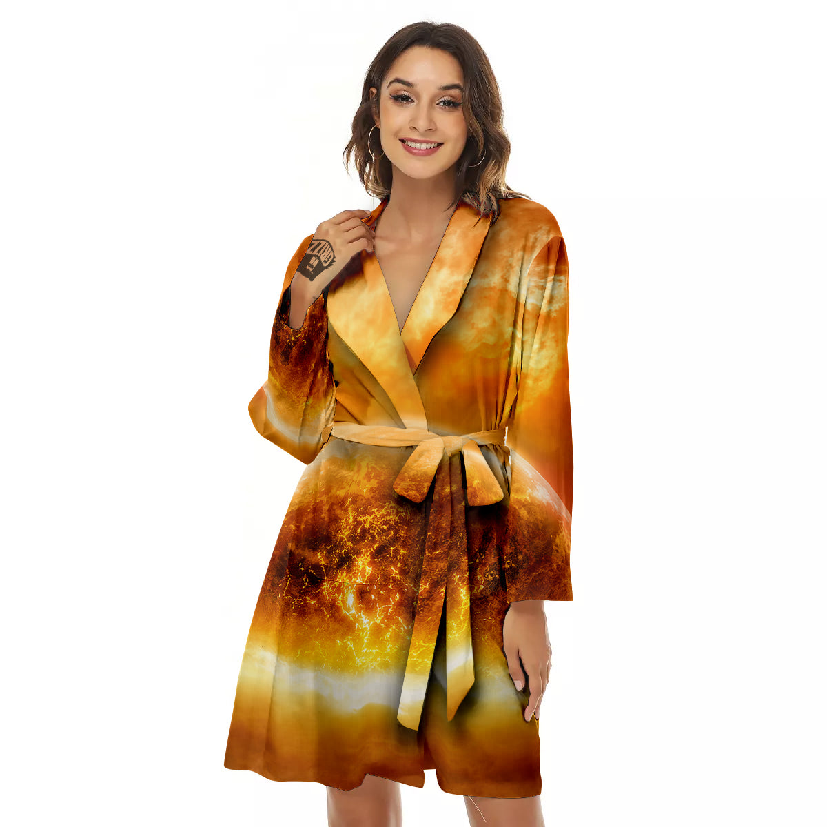 Burning Apocalyptic Planet Earth Print Women's Robe-grizzshop