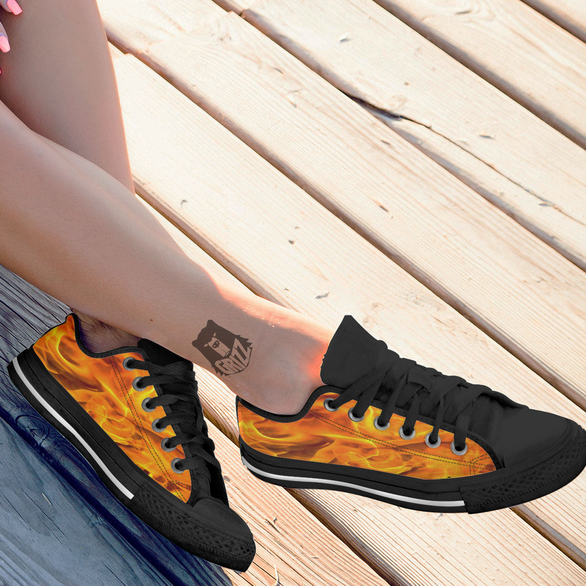 Burning Fire Flame Print Black Low Top Shoes-grizzshop