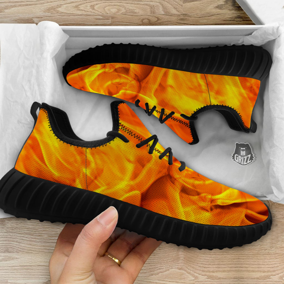Burning Fire Flame Print Black Walking Shoes-grizzshop