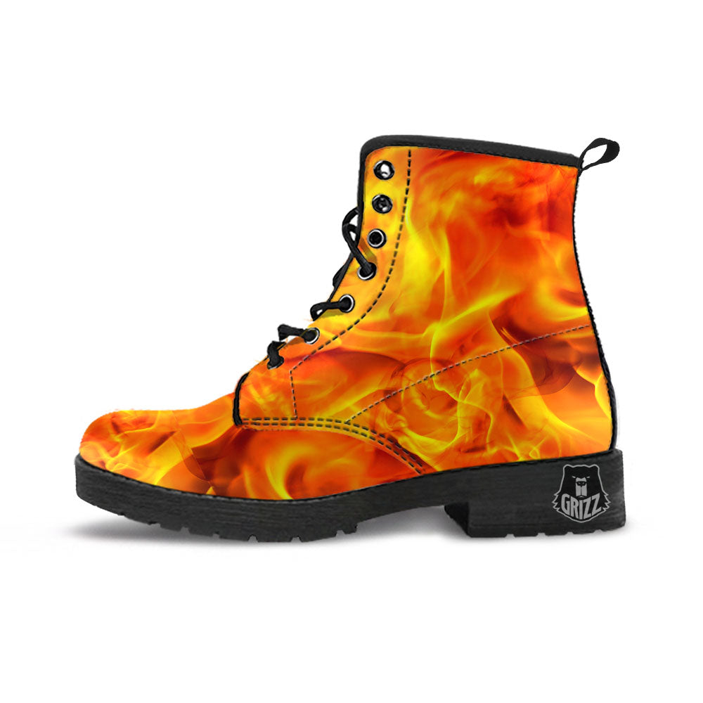 Burning Fire Flame Print Leather Boots-grizzshop