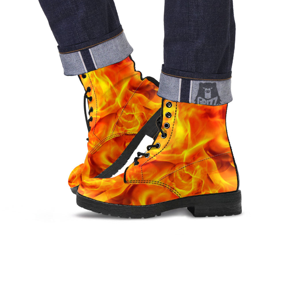 Burning Fire Flame Print Leather Boots-grizzshop