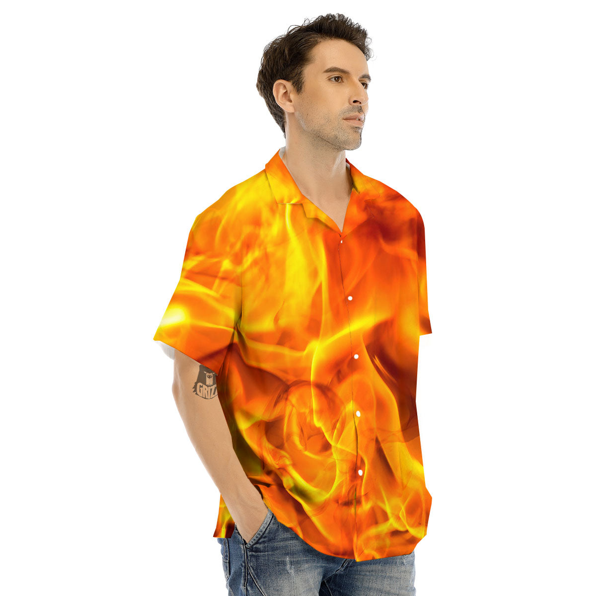 Burning Fire Flame Print Men's Hawaiian Shirt-grizzshop