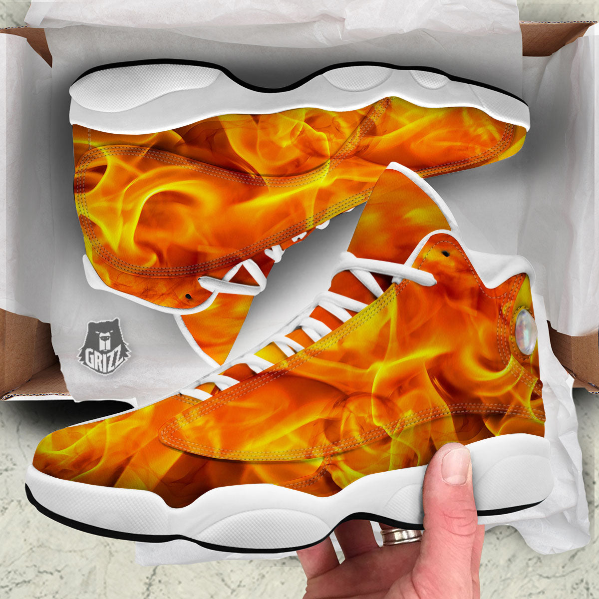 Burning Fire Flame Print White Basketball Shoes-grizzshop