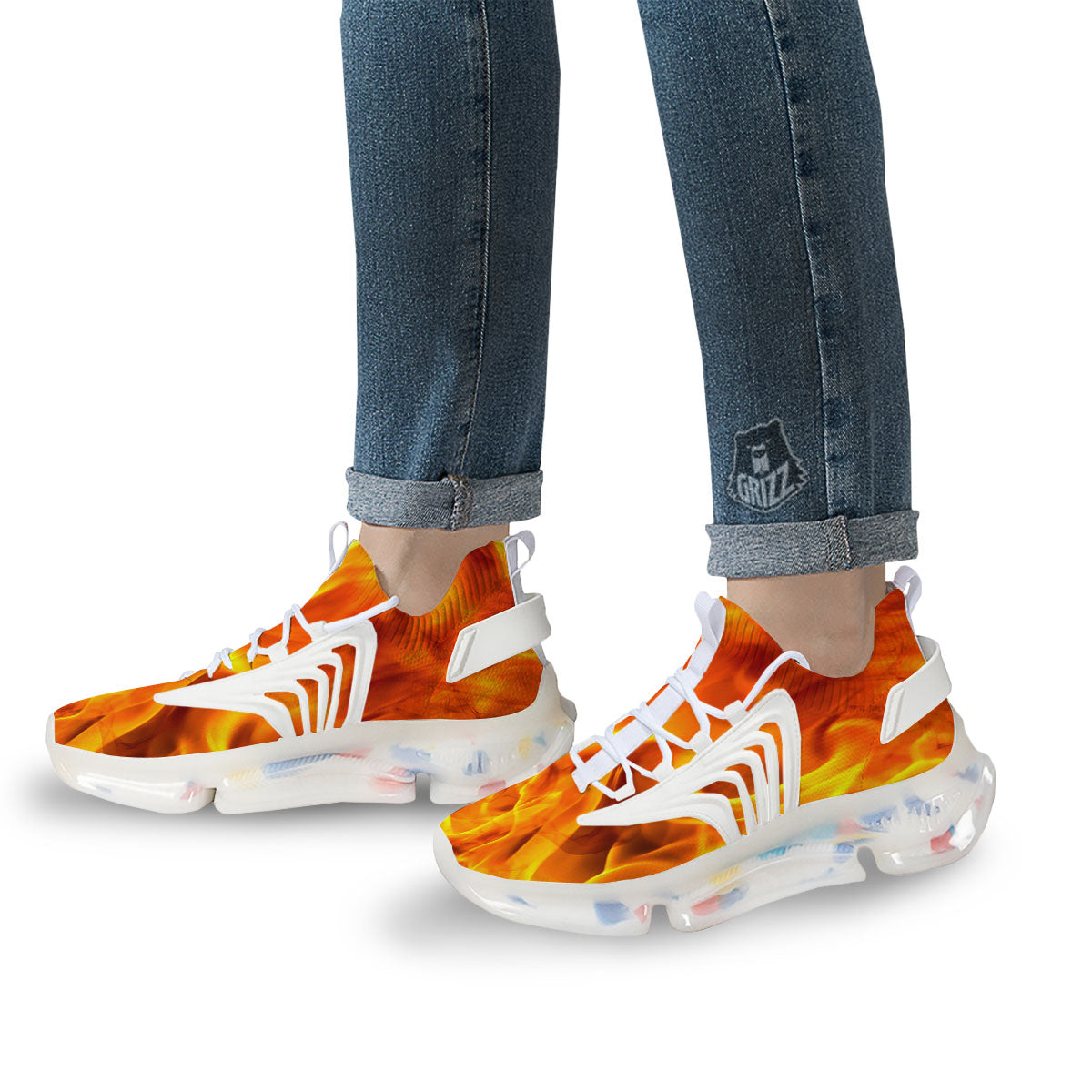 Burning Fire Flame Print White Gym Shoes-grizzshop