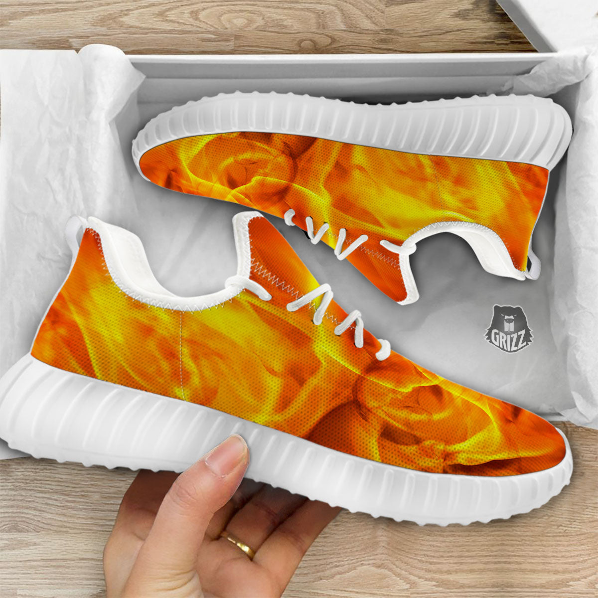Burning Fire Flame Print White Walking Shoes-grizzshop