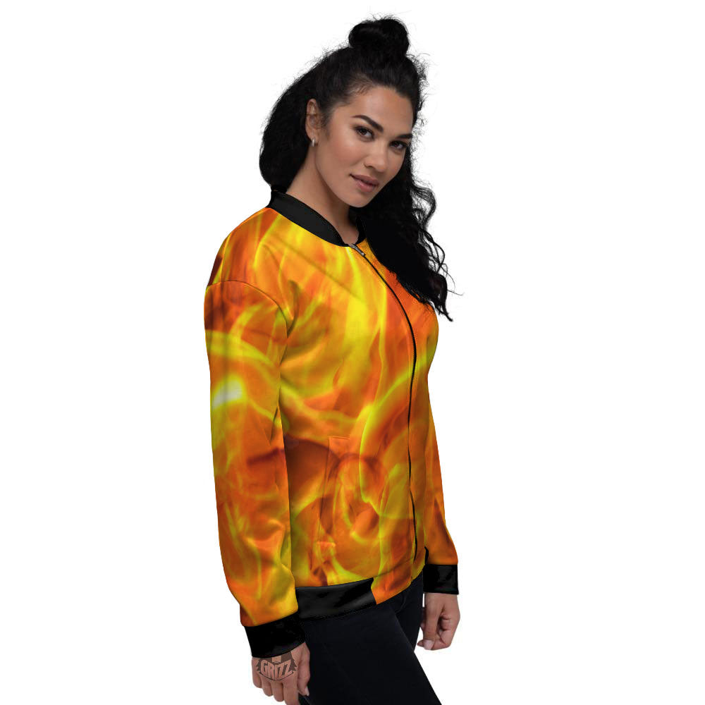 Burning Fire Flame Print Women's Bomber Jacket-grizzshop