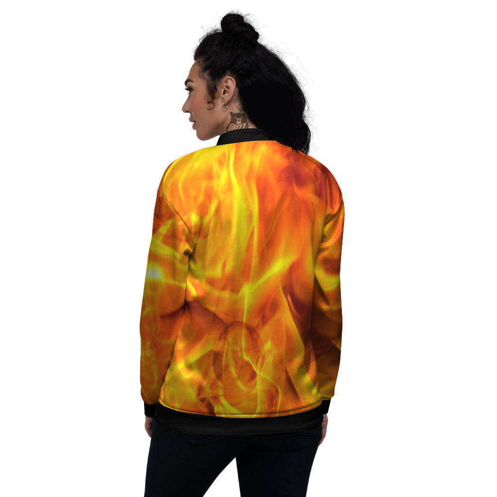 Burning Fire Flame Print Women's Bomber Jacket-grizzshop