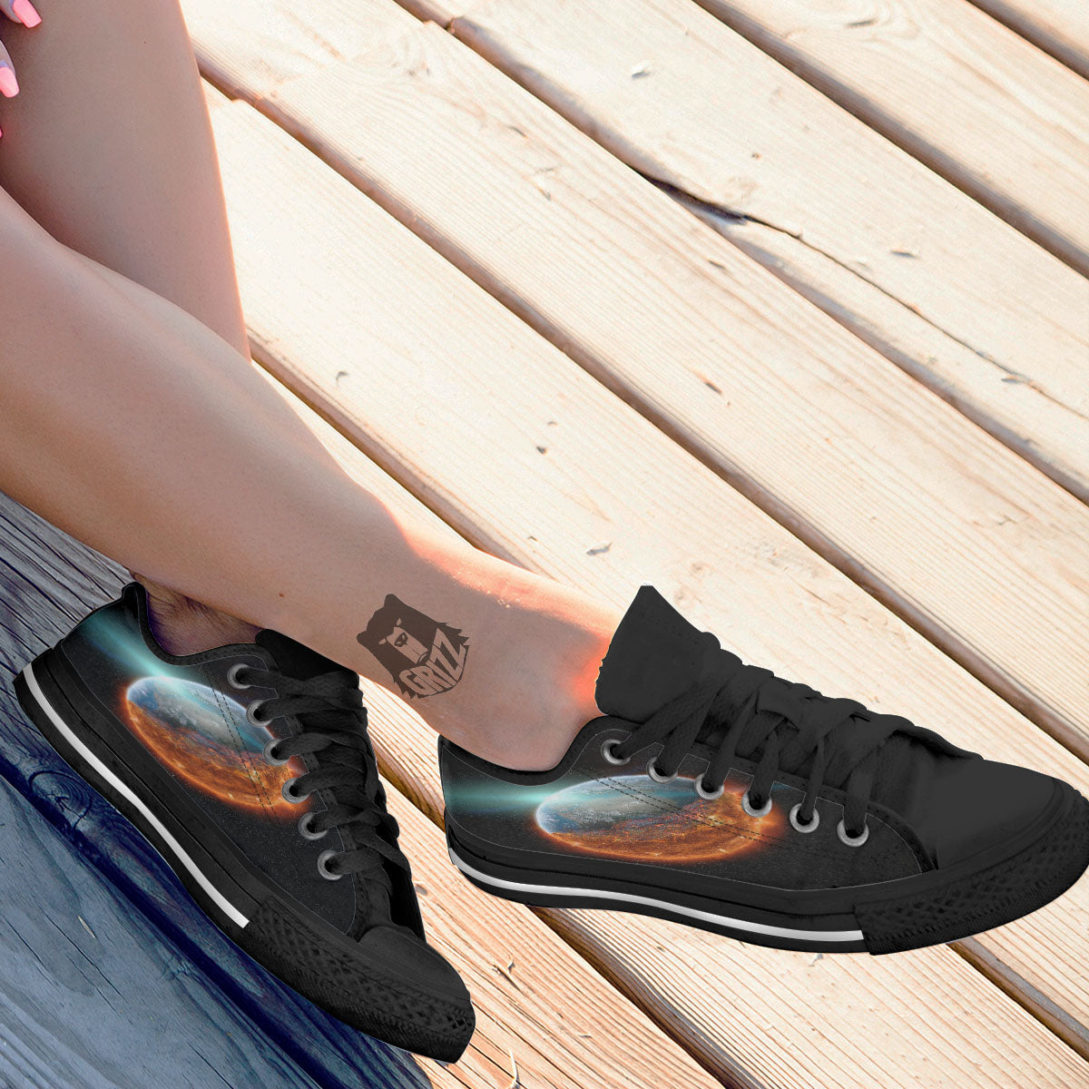 Burning Planet Print Black Low Top Shoes-grizzshop