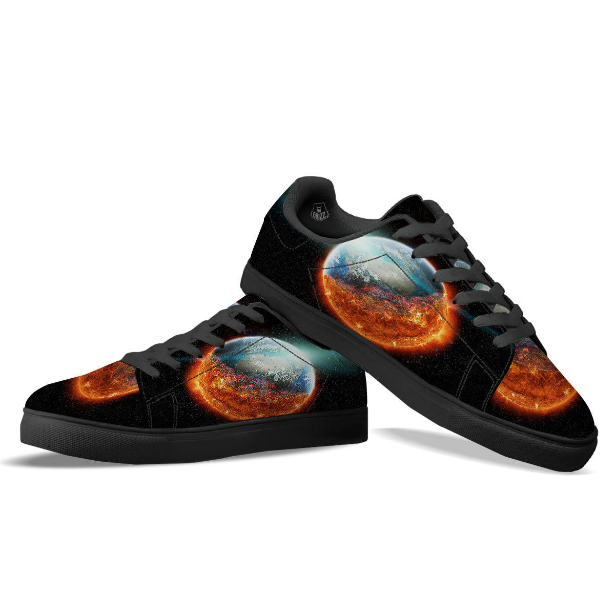 Burning Planet Print Black Low Top Sneakers-grizzshop
