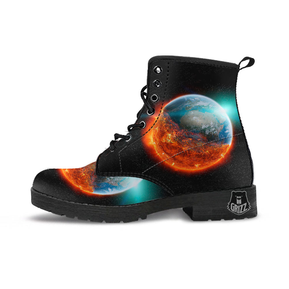 Burning Planet Print Leather Boots-grizzshop