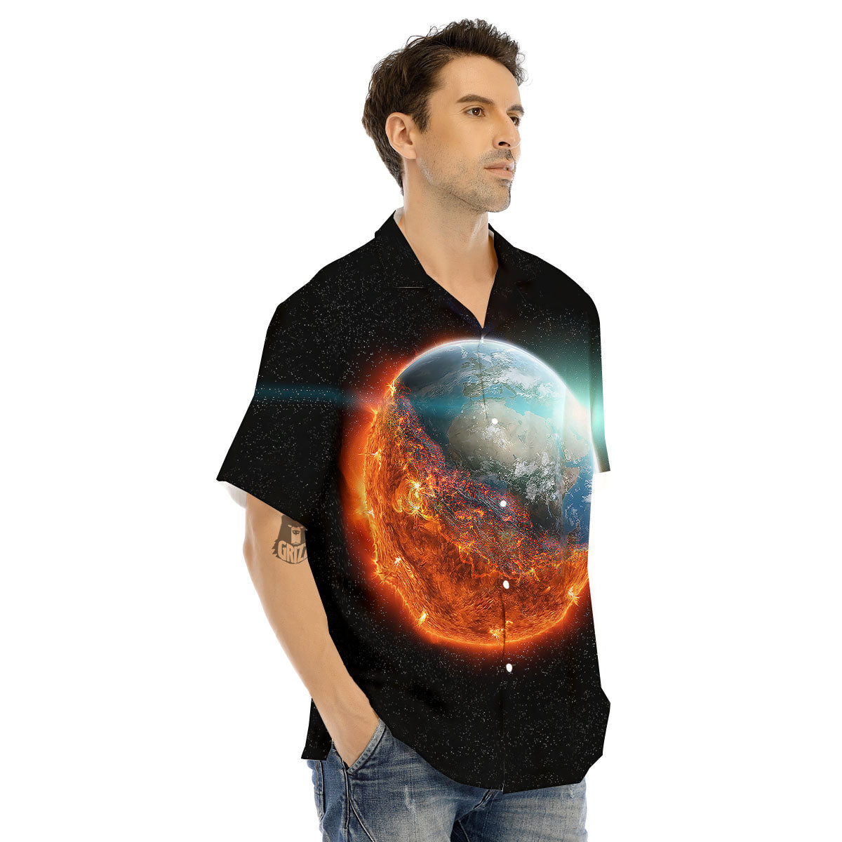 Burning Planet Print Men's Hawaiian Shirt-grizzshop