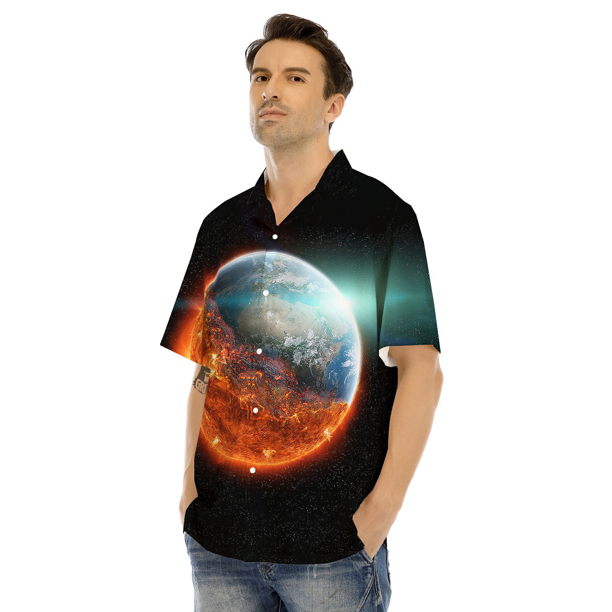 Burning Planet Print Men's Hawaiian Shirt-grizzshop