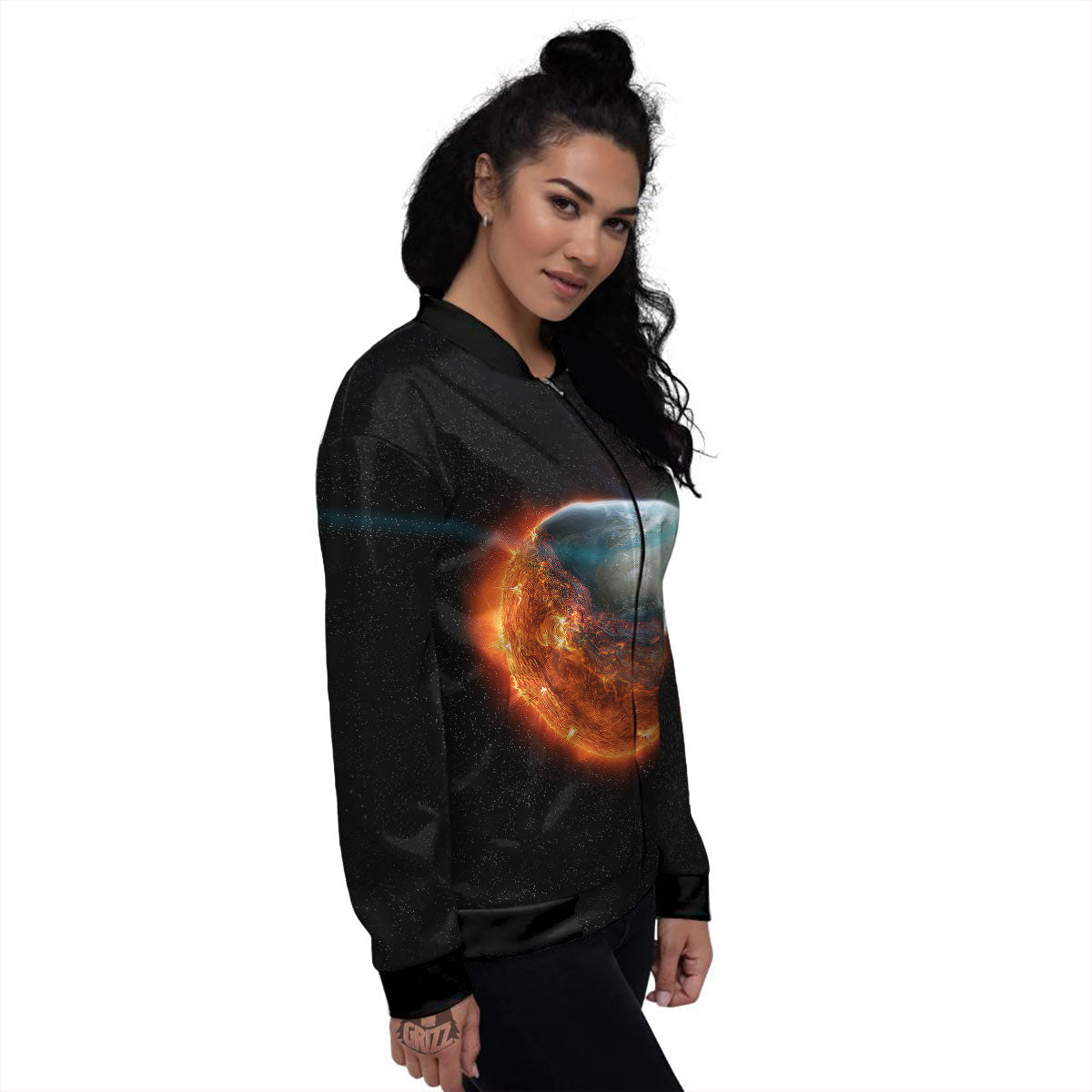 Burning Planet Print Women's Bomber Jacket-grizzshop