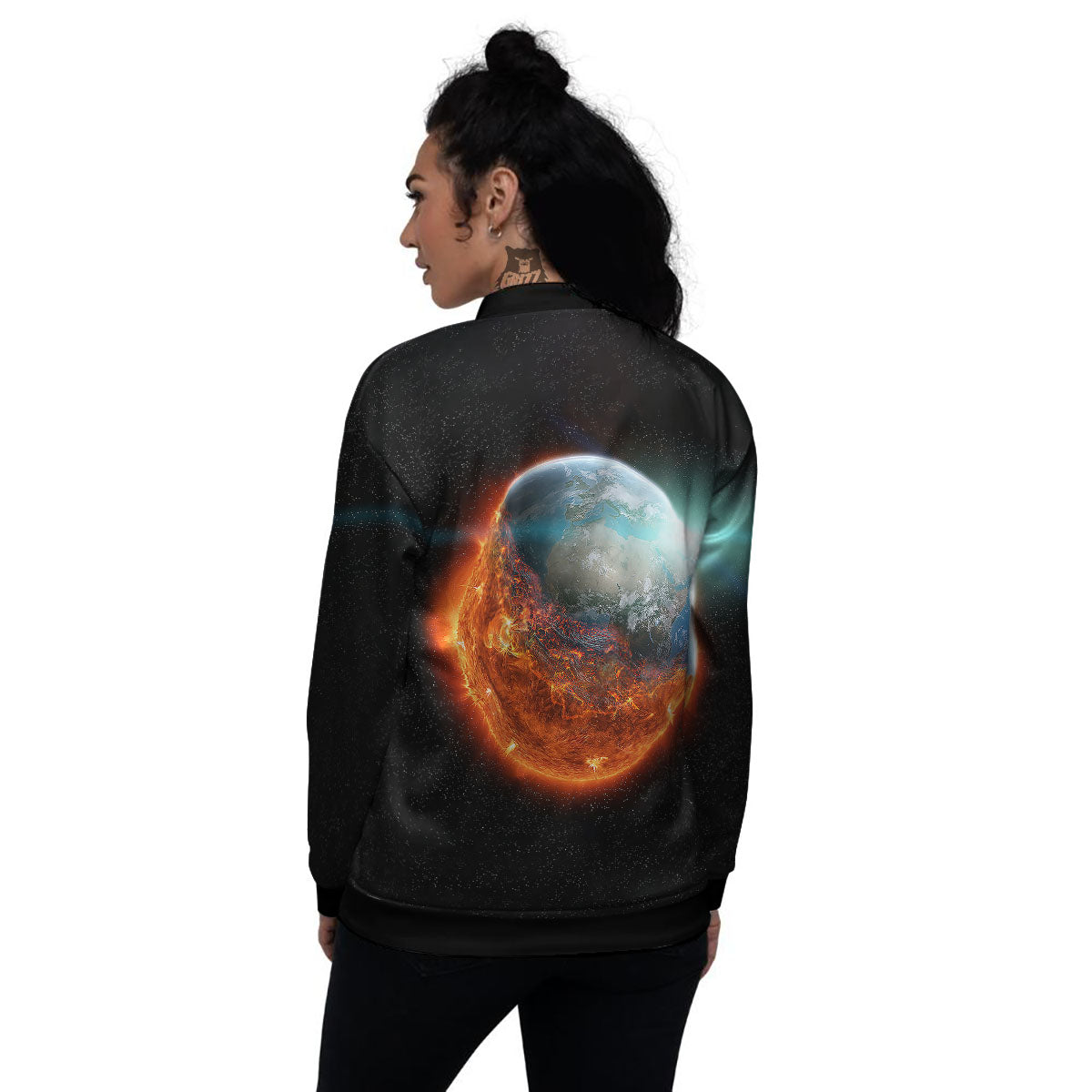 Burning Planet Print Women's Bomber Jacket-grizzshop