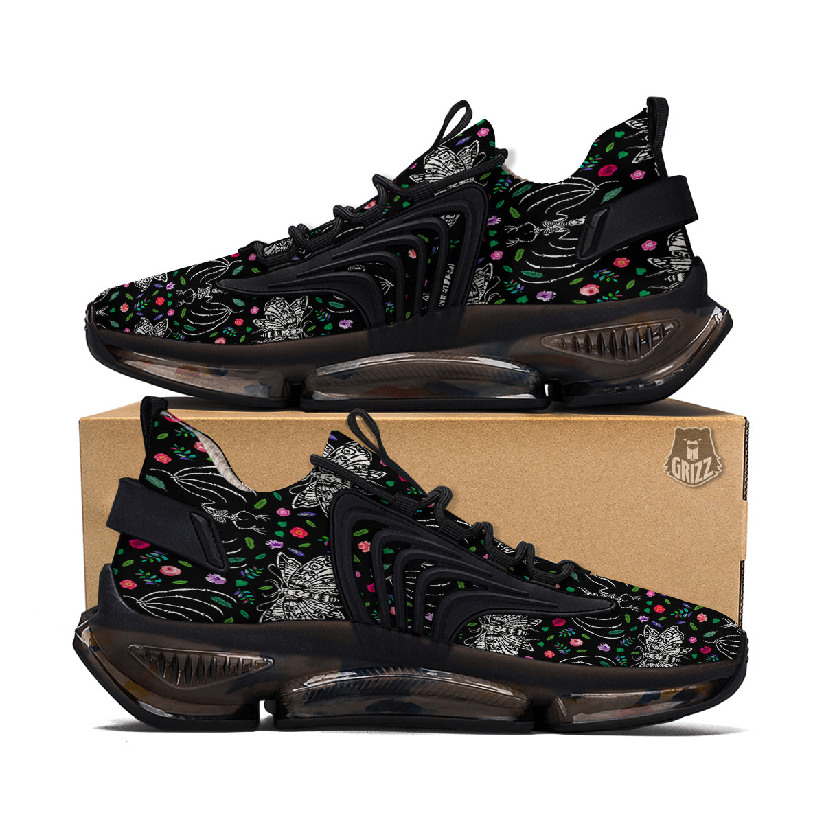 Butterflies And Skeletons of Bats Print Pattern Black Gym Shoes-grizzshop