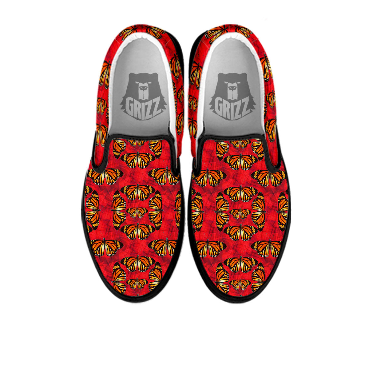 Butterflies Monarch Orange Print Pattern Black Slip On Shoes-grizzshop
