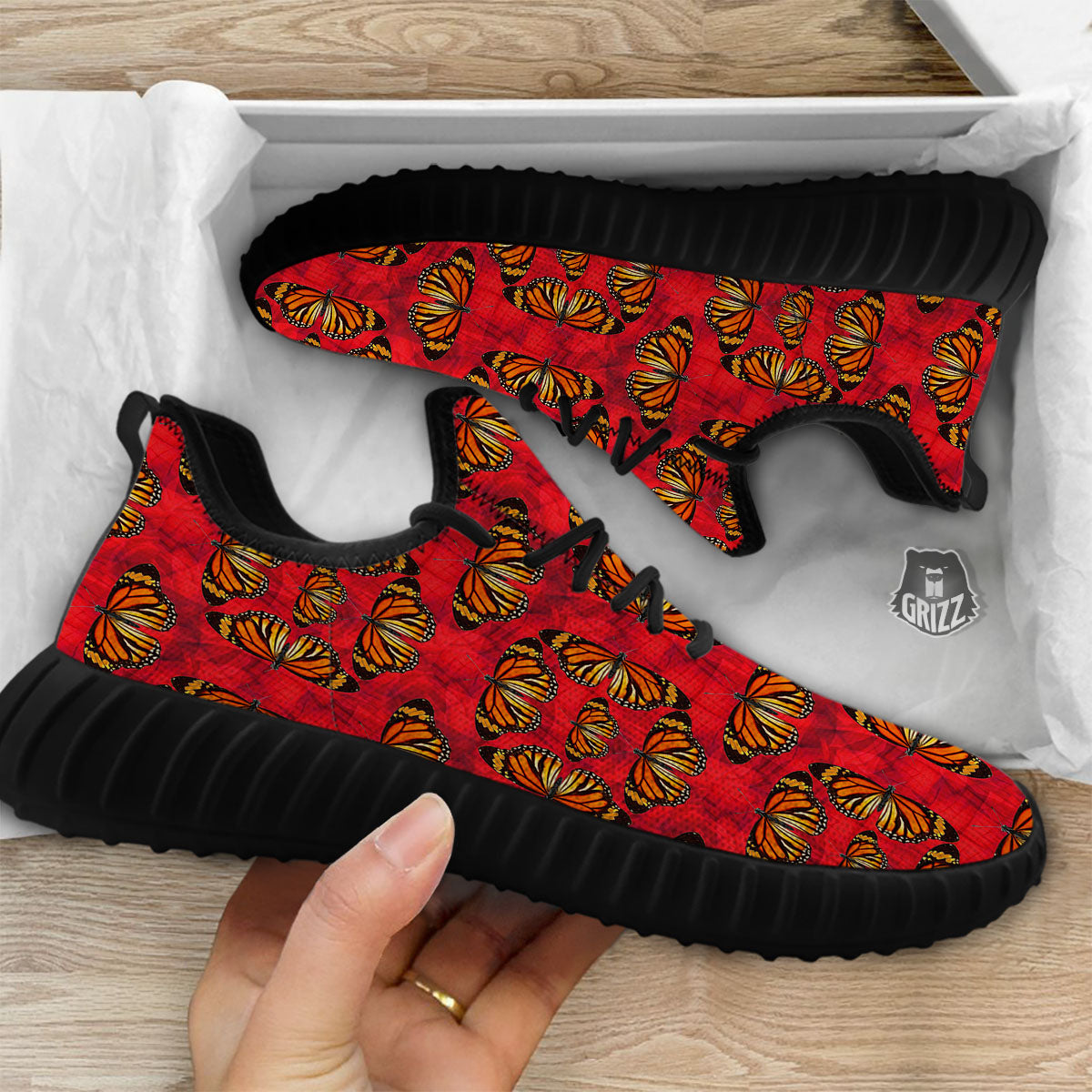 Butterflies Monarch Orange Print Pattern Black Walking Shoes-grizzshop