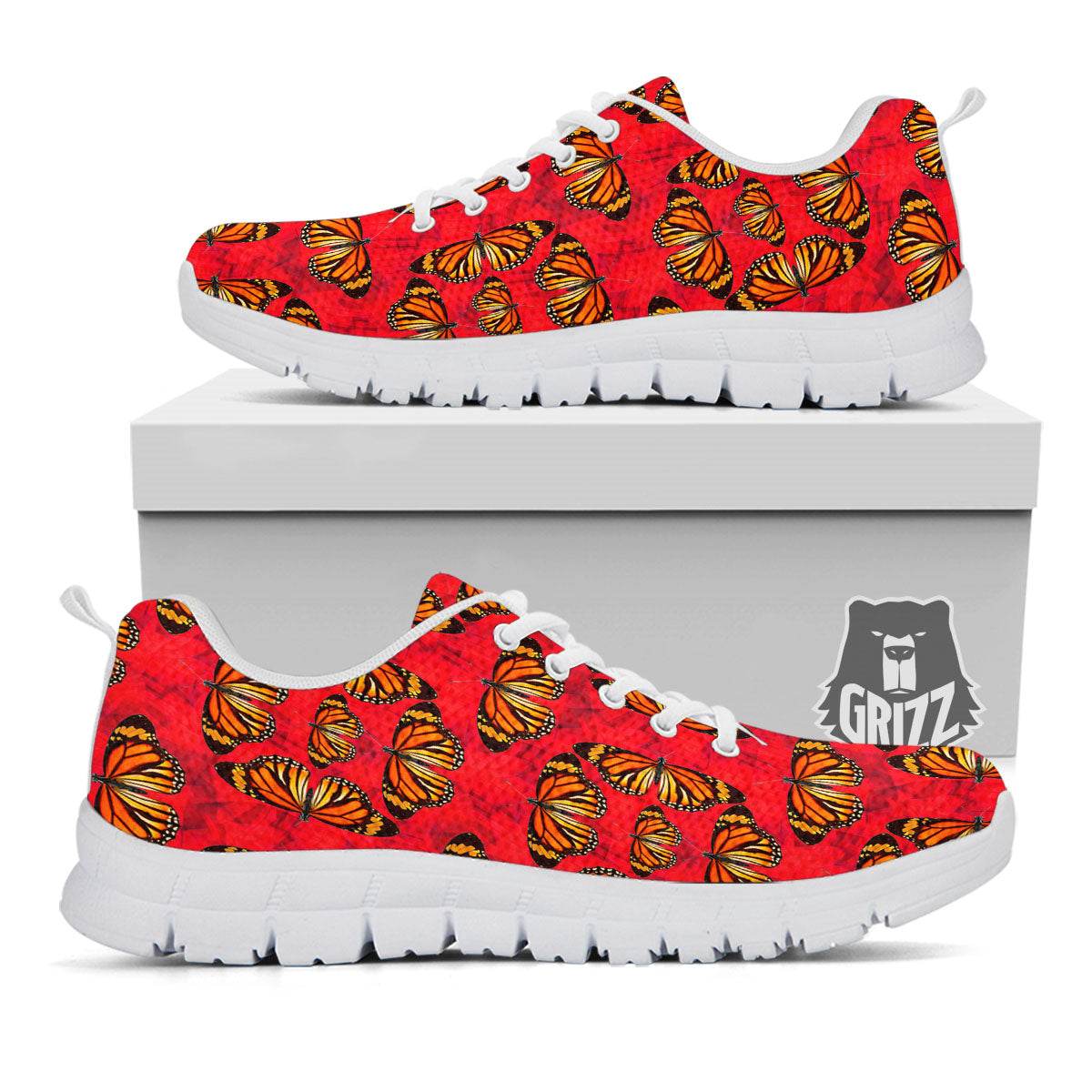 Butterflies Monarch Orange Print Pattern White Sneaker-grizzshop